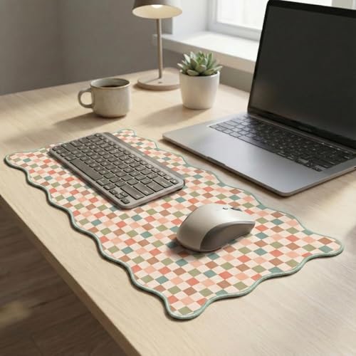 Scalloped Desk Mat Extended Large Cute Mouse Pad XXL Aesthetic Desk Pad Boho Plaid Mousepad Retro Beige Checkered Mouse Pad for Keyboard Computer Stitched Edges Non-Slip Home Office 31.5X15.7Inch - color: Multi, size: 31.5" x 15.7"