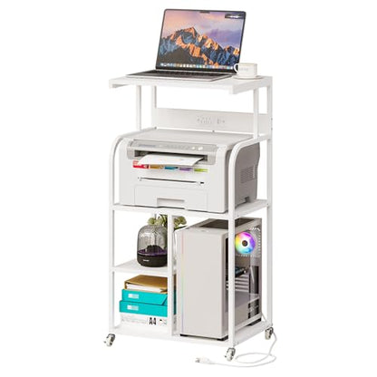 VEDECASA Mobile High Printer Stand with Power Outlet Charging Plugs USB Port Office Storage Shelf Includes Computer Tower CPU Stand Holder with Wheel (White) - color: White