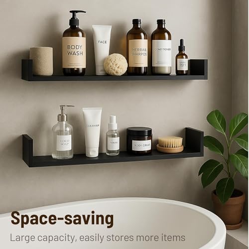 PHOENANCEE Floating Book Shelves,32 Inches Wall Bookshelf U Shaped,Long Hanging Bookshelf for Wall,Large Rustic Storage Books Shelves for Living Room Kitchen Bathroom Office,Set of 4(Black) - color: Black