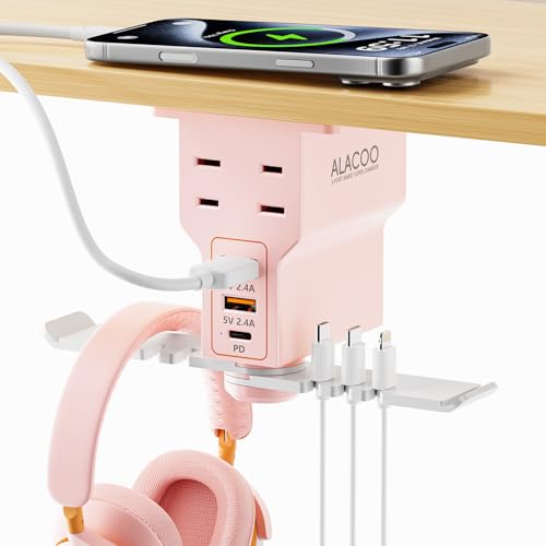 Gaming Headphone Stand with Charging Station - Aluminum Hooks Headphone Holder, Under Desk Headset Stand, 3 USB & AC Outlet, Surge Protector & Cable Organizer, Gift for Girl/Men - color: Pink