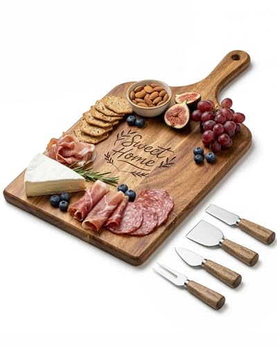 100% Acacia Wood Charcuterie Board Gift Set with Handle & 4 Cheese Knives | Natural Wood Grain | Smooth Polished Finish | Charcuterie & Cheese Board |Hosting & Everyday Serving |Premium Gift Box - size: 15.7