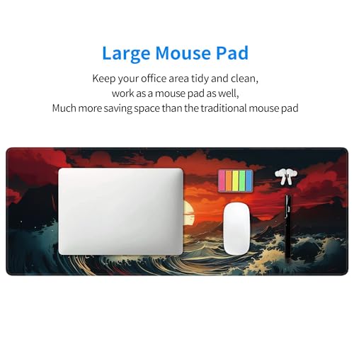 Japanese Sea Wave Large Mouse Pad,Gaming Keyboard Desk Pad,Extended Mouse Mat Non-Slip Rubber Base with Stitched Edges for Office Game Home XL 31.5"x11.8" - color: Japanese Wave, size: 31.5L x 11.8W inches