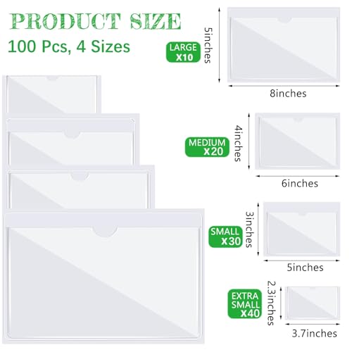 Outus 100 Pcs Index Card Pockets, 4 Sizes Clear Self Adhesive Labels Pocket for Business, Plastic Label Sleeves with Top Open for Organizing Storage Bins Library Card Shelves Scrapbooks - size: 4 Sizes