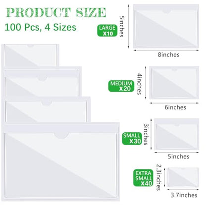 Outus 100 Pcs Index Card Pockets, 4 Sizes Clear Self Adhesive Labels Pocket for Business, Plastic Label Sleeves with Top Open for Organizing Storage Bins Library Card Shelves Scrapbooks - size: 4 Sizes