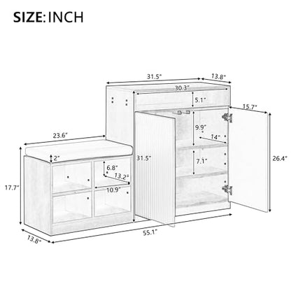 Low Entryway Shoe Cabinet with Bench,2 Doors and 3-Tier Adjustable Shelves,Living Room Benchs with 4 Open Shoe Racks and Removeble Cushion,Storage Console Table with Wavy Slatted Door and Hooks,Grey - color: Beige+grey