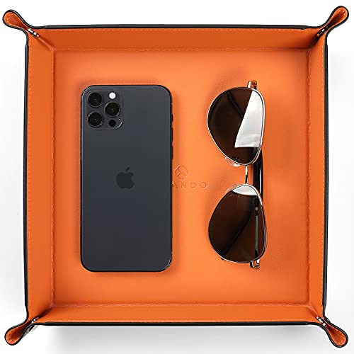 VLANDO Valet Tray for Men Women, Vanity Trays Catchall Tray for Dresser Top Desk Storage Bedside, Travel PU Leather Tray Jewelry Key Phone Coin Change Watches and Candy Holder Sundries Entryway Tray | Bright catchall tray for vanity, dorm room or desk sto