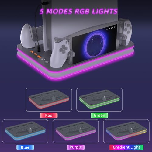 Charger Dock Compatible with PS Portal and Controller, PS5 Pro Stand and Cooling Station with RGB LED Charging Dock, PS5 Edge Controller and Headset and Remote Holders - Grey - color: Gray