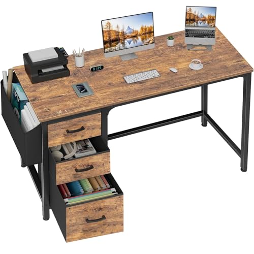 Lufeiya Computer Desk with Fabric File Drawers Cabinet, 55 Inch Reversible Home Office Desks with Filing Cabinet for Small Space, Study Writing Table PC Desks with Storage for Bedroom, Rustic Brown - color: Rustic Brown, size: 54.6"