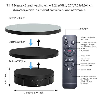 JAYEGT 3 in 1 Rotating Display Stand with 5.74/7.08/8.66 inch Replacement Mirror Cover，22lbs Load , 360 Degree Electronic Turntable for Photography Products Display (Mirror/3 in1 / Black/ Remote Control) - color: Black