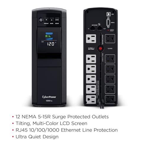 CyberPower CP1350PFCLCD PFC Sinewave UPS Battery Backup and Surge Protector, 1350VA/880W, 12 Outlets, AVR, Mini-Tower, UL Certified - size: 1350VA, style: Mini-Tower