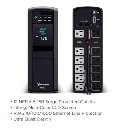 CyberPower CP1350PFCLCD PFC Sinewave UPS Battery Backup and Surge Protector, 1350VA/880W, 12 Outlets, AVR, Mini-Tower, UL Certified - size: 1350VA, style: Mini-Tower
