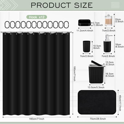 Hosuly 9 Pcs Bathroom Accessory Set Shower Curtain and 12 Hooks Table Trash Can Soap Dispenser Soap Dish Non Slip Bathroom Rugs Cup and Cotton Swab Holder Complete for Bathroom Decor (Black) - size: Black
