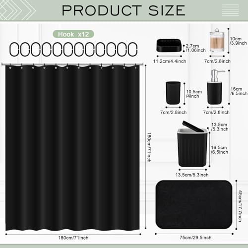 Hosuly 9 Pcs Bathroom Accessory Set Shower Curtain and 12 Hooks Table Trash Can Soap Dispenser Soap Dish Non Slip Bathroom Rugs Cup and Cotton Swab Holder Complete for Bathroom Decor (Black) - size: Black