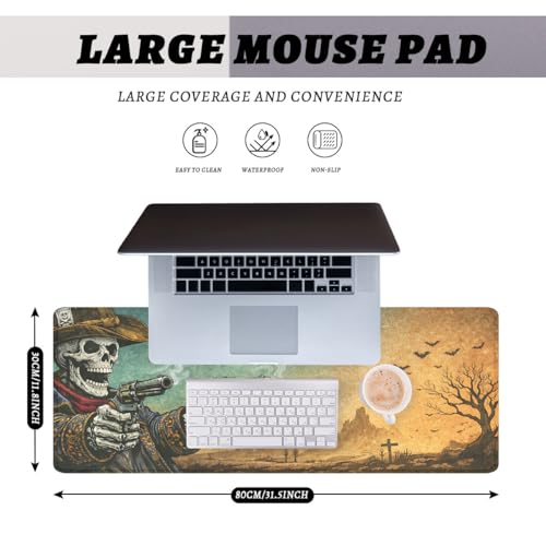 Skeleton Cowboy Gaming Mouse Pad Western Gothic Art Large Desk Mat with Stitched Edges,Non-Slip Waterproof Rubber Base Mouse Mat Office Computer Keyboard Laptop 31.5"x11.8" - color: Skeleton Cowboy