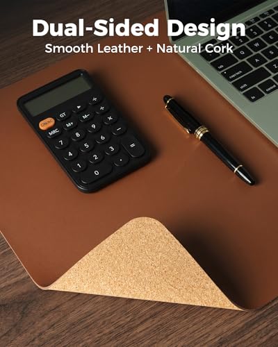 Aothia Double-Sided Desk Pad, Leather Desk Mat, Eco Cork Desk Pad Protector, Large Mouse Pad, Waterproof Desk Blotter Protector for Office/Home (25.6"x13.7", Brown) - color: Brown+cork, size: 25.6" x 13.7"
