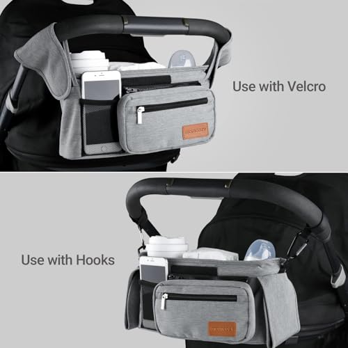 Momcozy Universal Stroller Organizer with Insulated Cup Holder Detachable Phone Bag & Shoulder Strap, Fits for Stroller Like Uppababy, Baby Jogger, Britax, BOB, Umbrella and Pet Stroller - color: Grey