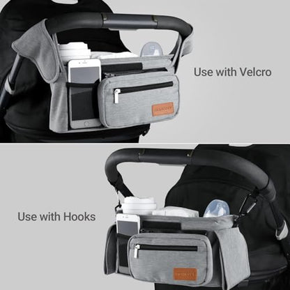 Momcozy Universal Stroller Organizer with Insulated Cup Holder Detachable Phone Bag & Shoulder Strap, Fits for Stroller Like Uppababy, Baby Jogger, Britax, BOB, Umbrella and Pet Stroller - color: Grey