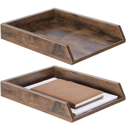 DoubleFill 2 Pcs Wooden Letter Trays 2 Tier Desktop Paper Organizer Wood Letter-Size Desk Document Tray Heavy Duty Stackable Paper Drawer Holder File Folder Back to School Office Home (Dark Wood) - color: Dark Wood