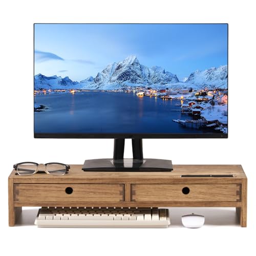 KIRIGEN Wood Monitor Stand with 2 Drawers, Solid Wood Computer Monitor Riser for Desk, Desktop Organizer Shelf with Cable Management, Pen Slots, Brown, No Assembly PMJ-DBR - color: Dark Brown
