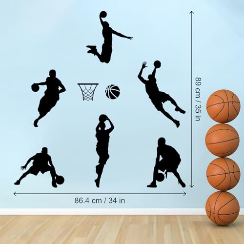 Basketball Dunk Wall Decal Stickers, 6 Man Playing Basketball Vinyl Art Wall Sticker for Bedroom Dorm Room Playroom Stadium Gym Home Decoration