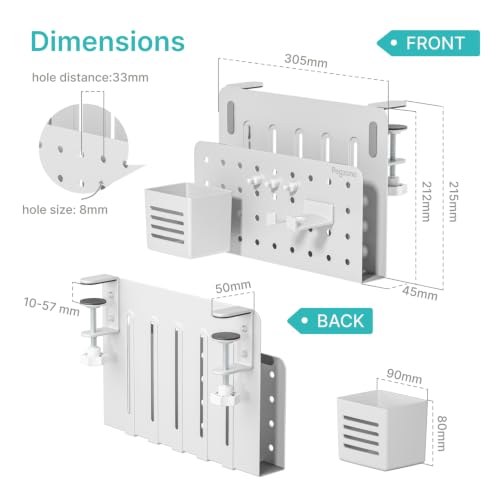 PEGZONE Desk Side Storage Organizer, No Drill Under Desk Laptop Holder, Clamp on Desks Shelf with Pegboard Accessories, Hanging Laptop Mount, Fits Flat Edge 0.4" to 2.2", White - color: White