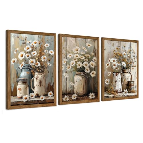 InspiredHues 3 Piece Vintage Floral Pictures Canvas Wall Art Nature Themed Daisy Artwork Prints Elegant Farmhouse Wall Decor for Living Room Bedroom Kitchen Home Decoration 12x16 Inch Wood Framed - color: Retro, size: 16"L x 12"W