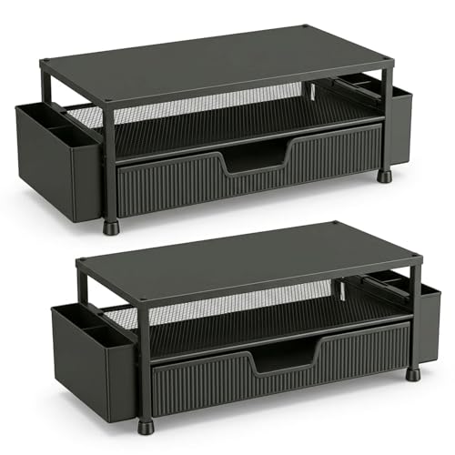 ECOLOVI Desk Organizer and Accessories, 2-Tier Computer Monitor Stand Rise with Storage Drawer & 2 Pen Holders, Laptop & Printer Stand for Desktop, Workspace Organizers for Office Supplies (Black 2-Pack)) - color: Black 2-Pack