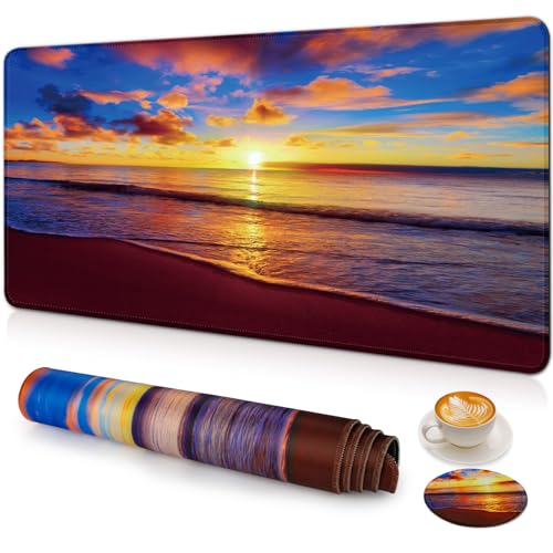 Large Gaming Mouse Pad with Coaster,Desk Matt for Desktop,Desk Mat-Beach 2 | Desk Pad,XXL Cute Desk Mat Cover for Computer Keyboard Laptop Women Office Home Decor, 31.5'' x15.6'' - color: B2-Sunset Beach