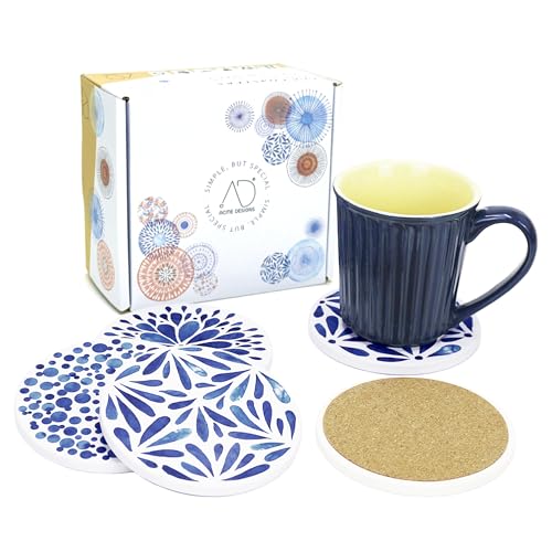 AD Set of 6 Coasters for Drinks Absorbing Round Ceramic Stone Coaster with Cork Base,Tabletop Protection Mat for Mugs and Cups,Office,Kitchen (Indigo Blue) - style: Indigo Blue