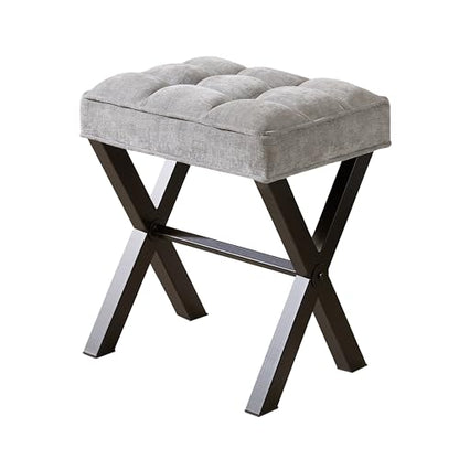 Royal Windsor Vanity Stool,Square Ottoman Stool Foot Rest,Upholstered Vanity Chair Foot Stool with Metal X Legs, Small Vanity Seat for Entryway,Bedroom and Living Room,Linen Light Grey - color: 12.6"d Light Grey+black