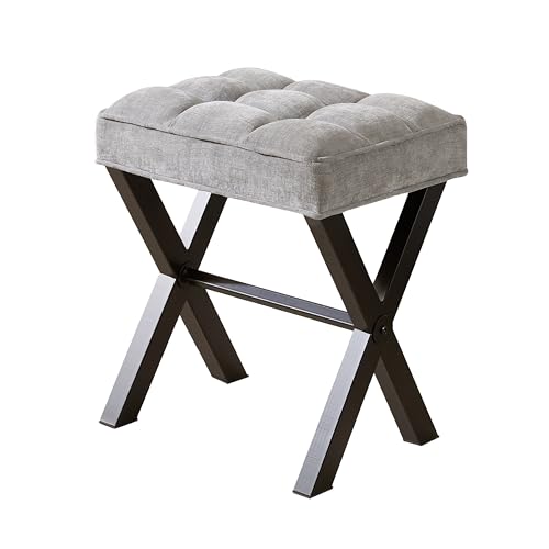 Royal Windsor Vanity Stool,Square Ottoman Stool Foot Rest,Upholstered Vanity Chair Foot Stool with Metal X Legs, Small Vanity Seat for Entryway,Bedroom and Living Room,Linen Light Grey - color: 12.6"d Light Grey+black
