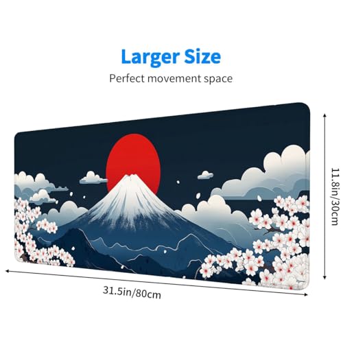 Mount Fuji Mouse Pad Large Red Sun Sakura Blossom Japanese Minimalist Gaming Mouse Pad Mat with Stitched Edge Non-Slip Base 31.5x11.8 Inch - color: Mount Fuji