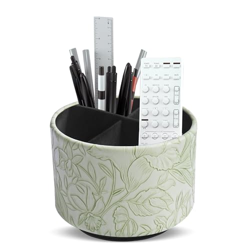 Round Leather Art Supply Organizer,Remote Control Holder,360 Degree Spinning,Multi-Functional Pencil Holder,4 Compartments Desktop Stationary Organizer(1-Carved Green) - color: 1-Carved Green