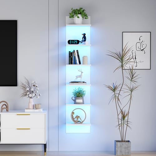 Qupui 6 Tier Wall Shelf Unit with LED Remote Control Light, 57 Inch Floating Storage Home Decor Organizer Shelving for Bedroom Living Room, White - color: Narrow White