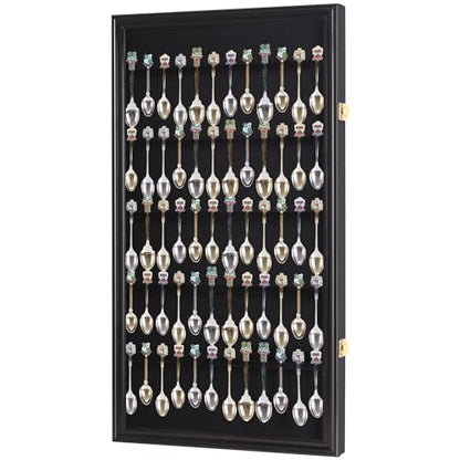 DisplayGifts 60 Souvenir Spoon Tea Spoon Display Case Rack Holder Wall Cabinet Frame, UV Protection, Lockable Door (Black Finish) - color: Black Finish