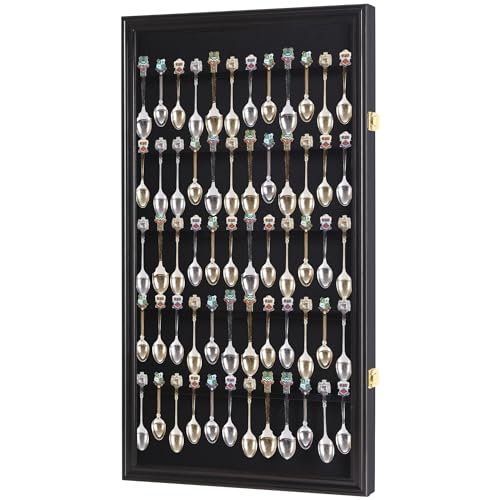 DisplayGifts 60 Souvenir Spoon Tea Spoon Display Case Rack Holder Wall Cabinet Frame, UV Protection, Lockable Door (Black Finish) - color: Black Finish
