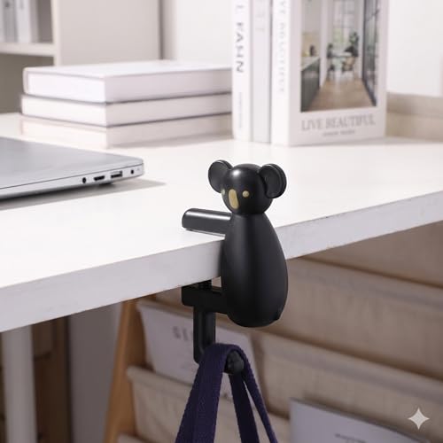 Cute Koala Purse Hook for Desk,22 Lbs Heavy Duty Bag Hanger for Table,No Drill Anti-Slip Desk Hook for Backpack&Headphones,Aesthetic Office Accessories Gifts for Women Girls (Black (1-Pack)) - color: Black (1-Pack)