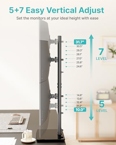 Pegzone Vertical Dual Monitor Stand for 17–34 Inch Screens, Stacked Monitor Mount, Holds up to 33 lbs per Arm, Tabletop Screens Riser with Full Motion, 33.3" Pole 12 Height Settings, 75/100 VESA
