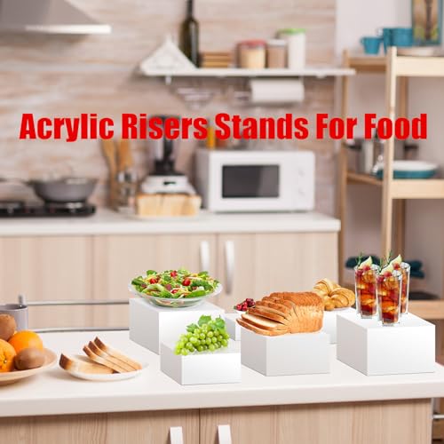 Clisela 3pcs Acrylic Cube Display Stands Box Risers White 6" 7" 8" | Food Risers for Buffet Table w/Hollow Bottoms, Decorative Display Stand Shelf for Dessert Collectibles Jewelry Figures Show - size: (6,7,8)"- White