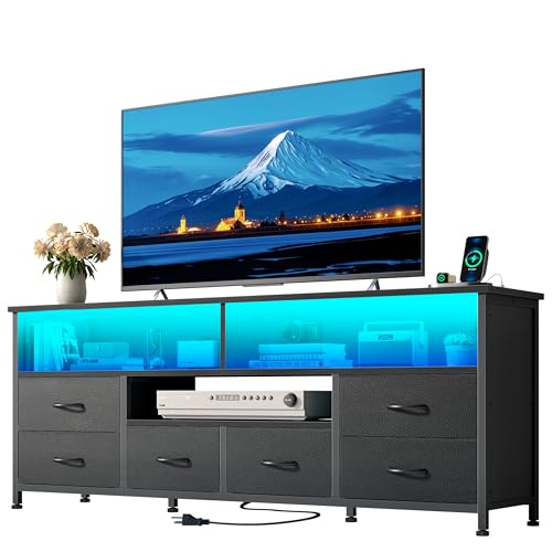 Korfile 55 Inch LED TV Stand for Bedroom, 6 Drawers Entertainment Center with Power Outlets for 50/55/60 Inch TV, Media Console Table with Shelves for Living Room & Hallway, PU Leather Surface, Black