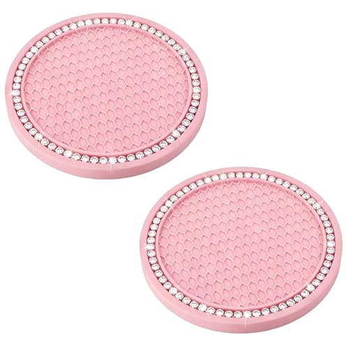 BFXM 2 PCS Bling Cup Holder Coasters for Car, 2.75 inch Diamond Universal Non-Slip Pink Silicone Cup Holder Coasters, Sparkly Bling Car Accessories for Women(White Diamond) - color: Pink+bling White