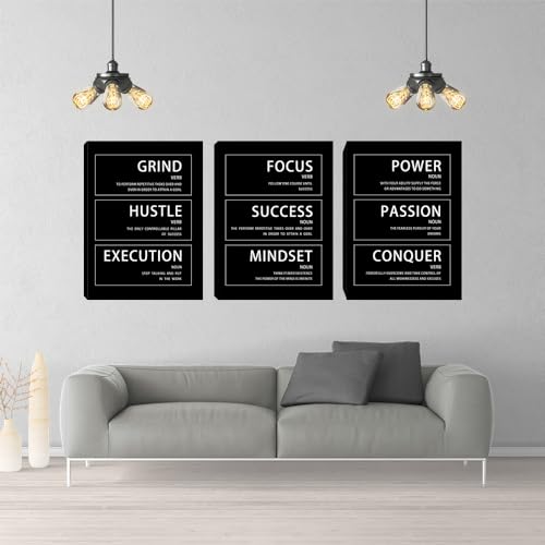 Yetaryy Motivational Wall Art - Hustle Grind Execution Quotes - 3 Piece Inspirational Success Mindset Wall Art Poster Canvas Office Decor - 36" W x 16" H - color: Art-24, size: 36"W x 16"H