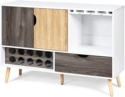 LUARANE Modern Buffet Sideboard, Wooden Kitchen Cupboard with 10 Bottle Wine Rack 3-Row Glass Holder Storage Shelves Drawer, Console Table for Dinging Room Living Room, White & Wood