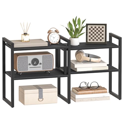 HOOBRO Desk Shelf Organizer, Adjustable Desktop Bookshelf, 2-Tier Shelf for Top of Desk, Wooden Office Storage Rack, for Office, Study, Kitchen, Dorm, Black BB39SJ01 - color: Black
