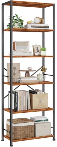 Furologee 6 Tier Book Shelf, Tall Wide Bookshelf, Industrial Open Bookcase, Display Shelves Storage Organizer, Shelving Unit for Living Room, Home Office, Bedroom, Rustic Brown - color: Rustic Brown, size: 6 Tier - 20"W