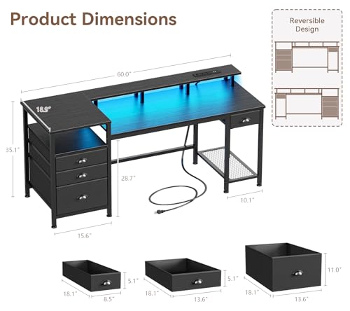 Furologee 60" Black Computer Desk with 4 Drawers and Printer Space, Gaming Desk with LED Lights and USB Power Outlets, Home Office Desk with Fabric File Cabinet,Study Work Table with Shelf for Bedroom - color: Black