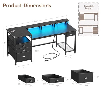 Furologee 60" Black Computer Desk with 4 Drawers and Printer Space, Gaming Desk with LED Lights and USB Power Outlets, Home Office Desk with Fabric File Cabinet,Study Work Table with Shelf for Bedroom - color: Black