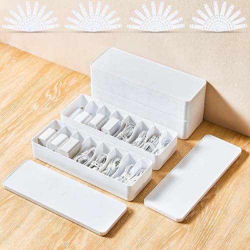 Tatuo 4 Pcs Cable Organizer Box with Wire Ties, Plastic Cord Storage Box with Lid, Electronics Organizer for Home Office Desk Organizers and Accessories (White) - color: White