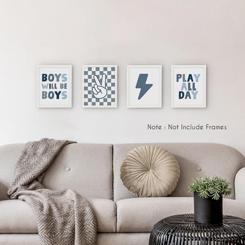 HRQKO Blue Checkered Nursery Decor Prints Set of 4, Room Decor for Boys, Kids Positive Will Be Boys Posters, Wall Decor for Play Room 8"x10" Unframed - color: blue1, size: 8x10