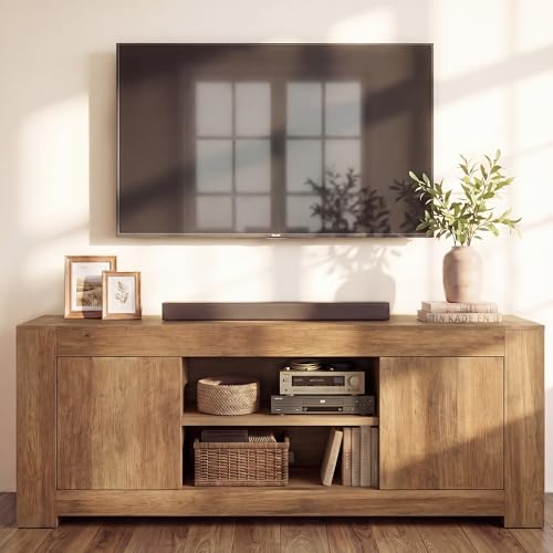 VASAGLE TV Stand, Farmhouse Entertainment Center with Storage Cabinets, Media Console Table for Living Room, Bedroom, for 65 Inch TV, 58 x 15.7 x 23.6 Inches, Honey Brown ULTV623K101S - color: Honey Brown, size: 58"L